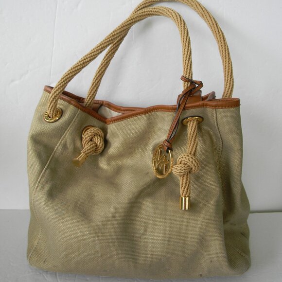 Michael Kors Gold Shimmer Metallic TotE  Leather Trim ROPE HANDLES NAUTICAL - Picture 1 of 12